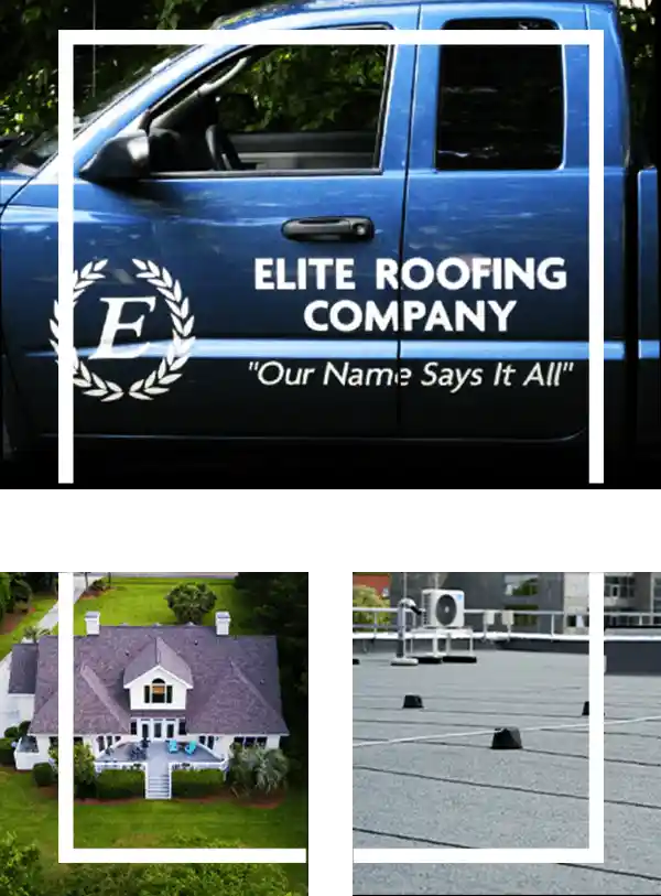 Elite Roofing Company of Nashville Images - Top image: truck with logo; bottom left - aerial of house with asphalt singles; bottom right - closeup of commercial roof